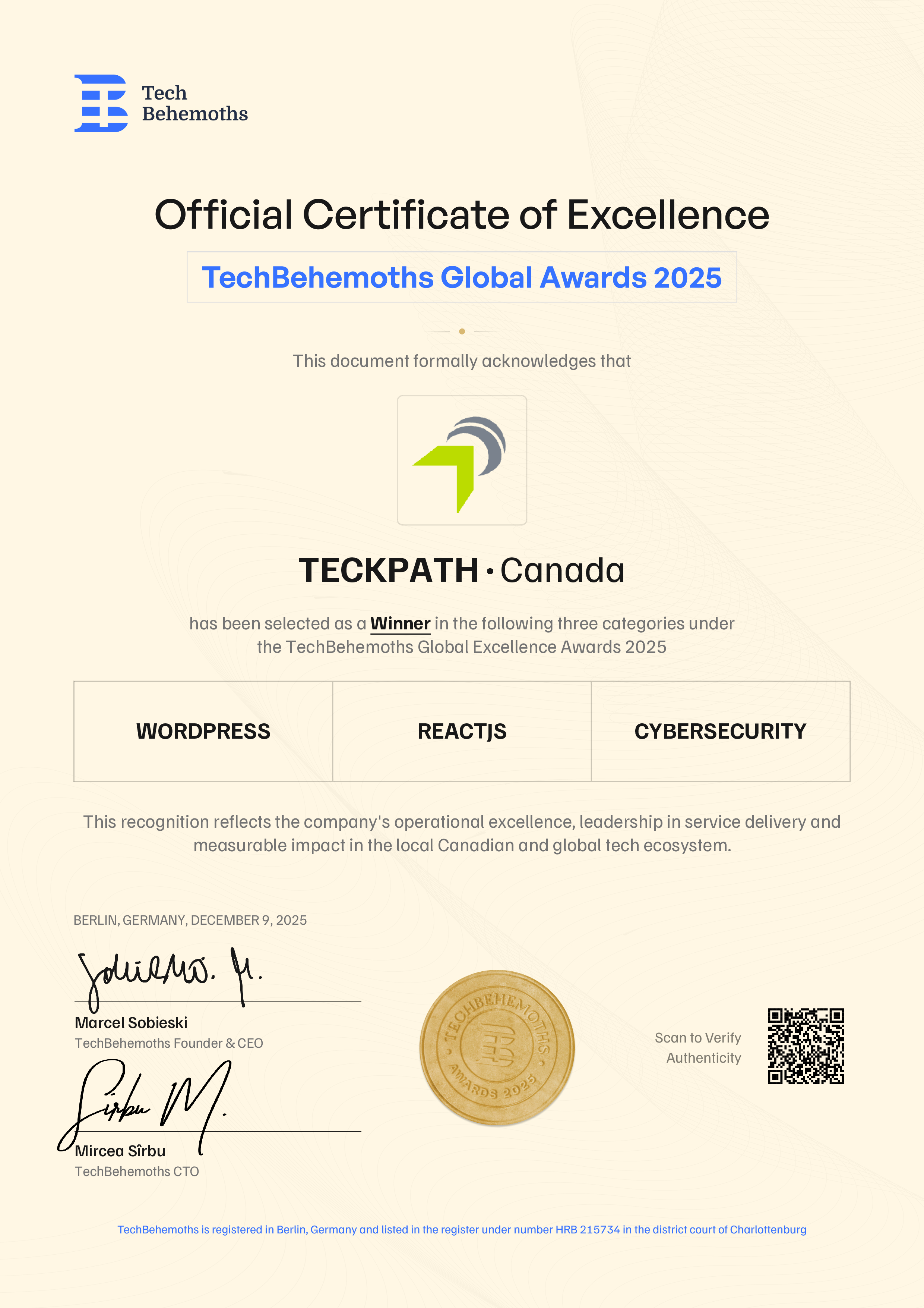 TECKPATH Certificate