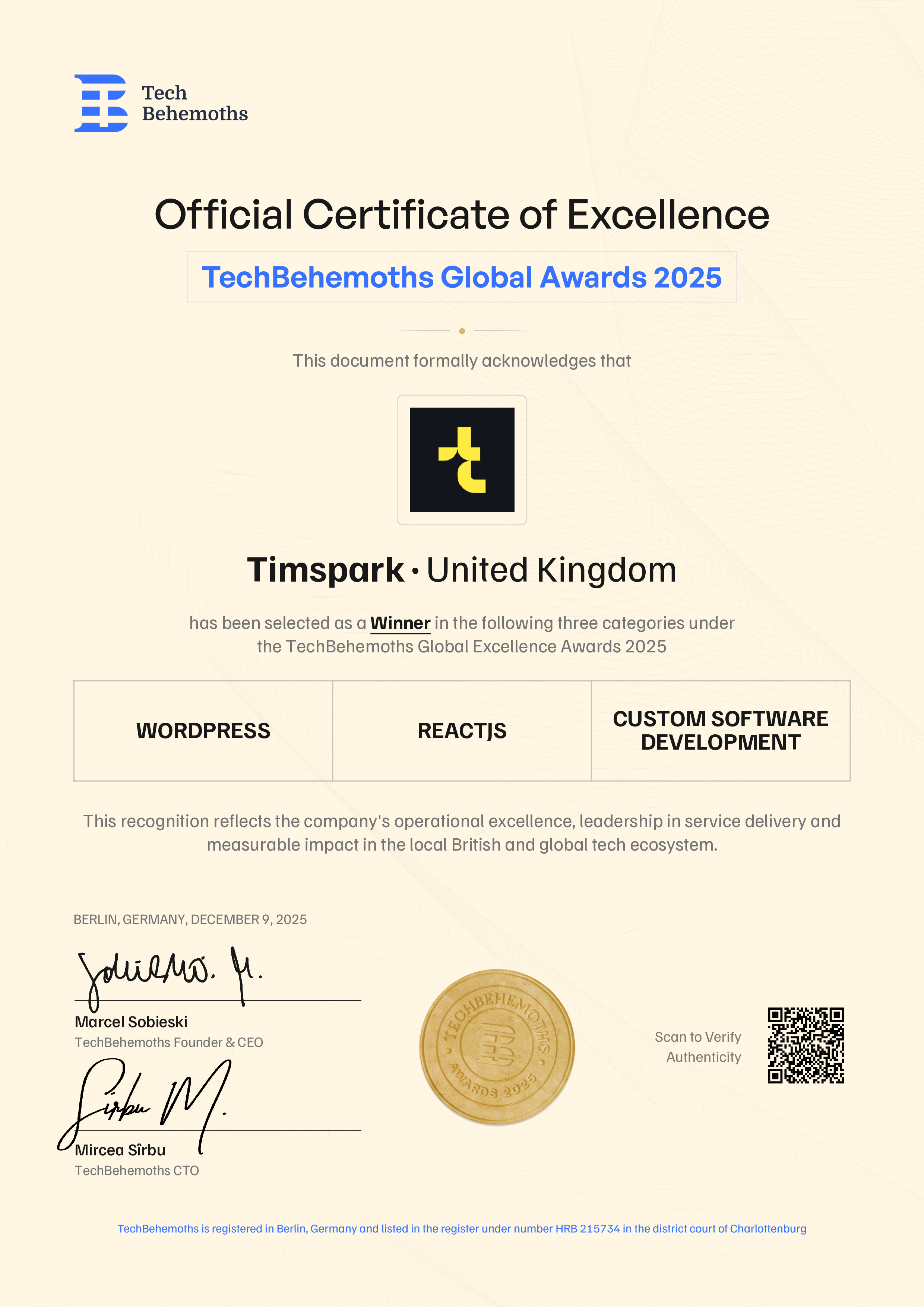 Timspark Certificate