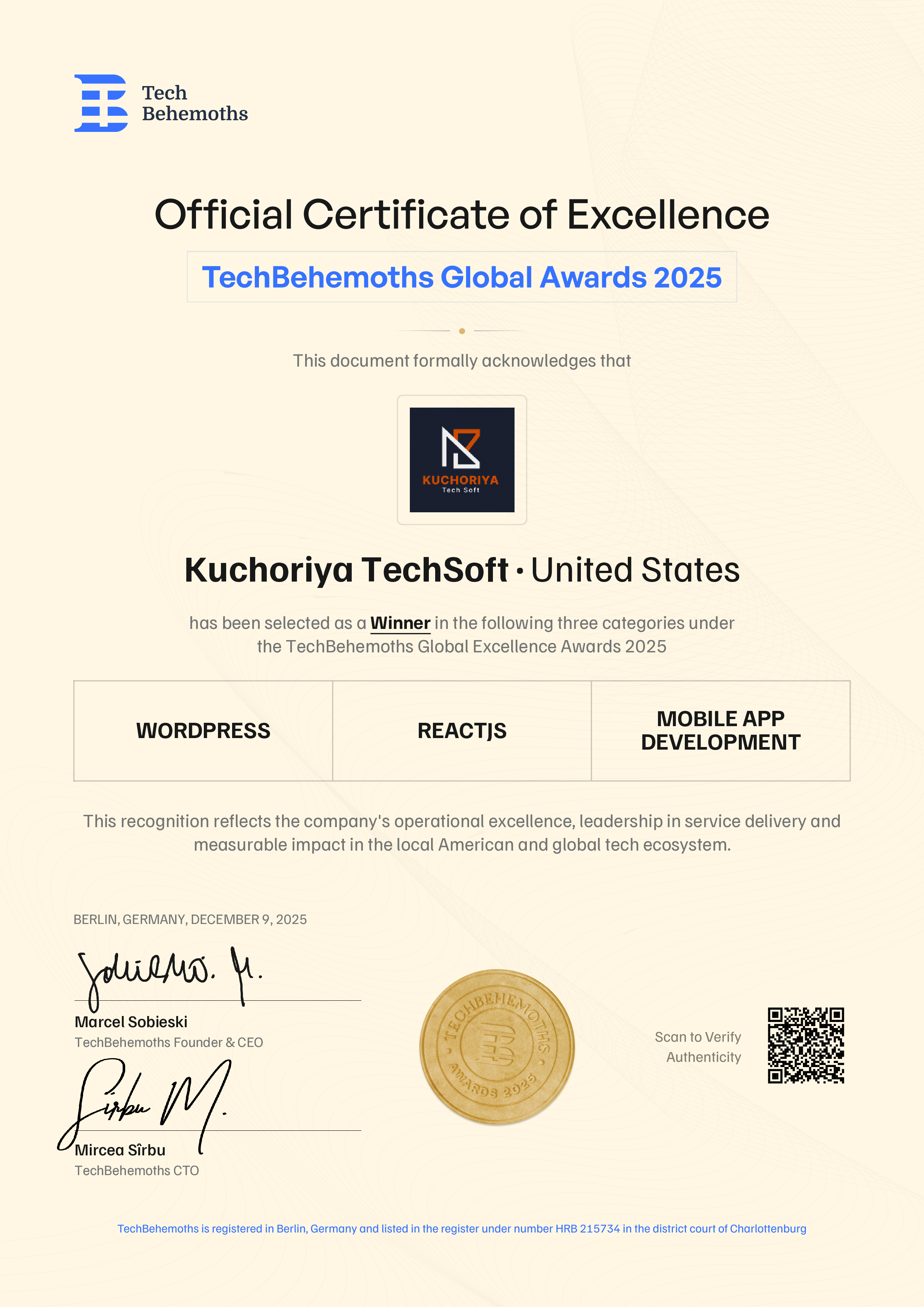 Kuchoriya TechSoft Certificate
