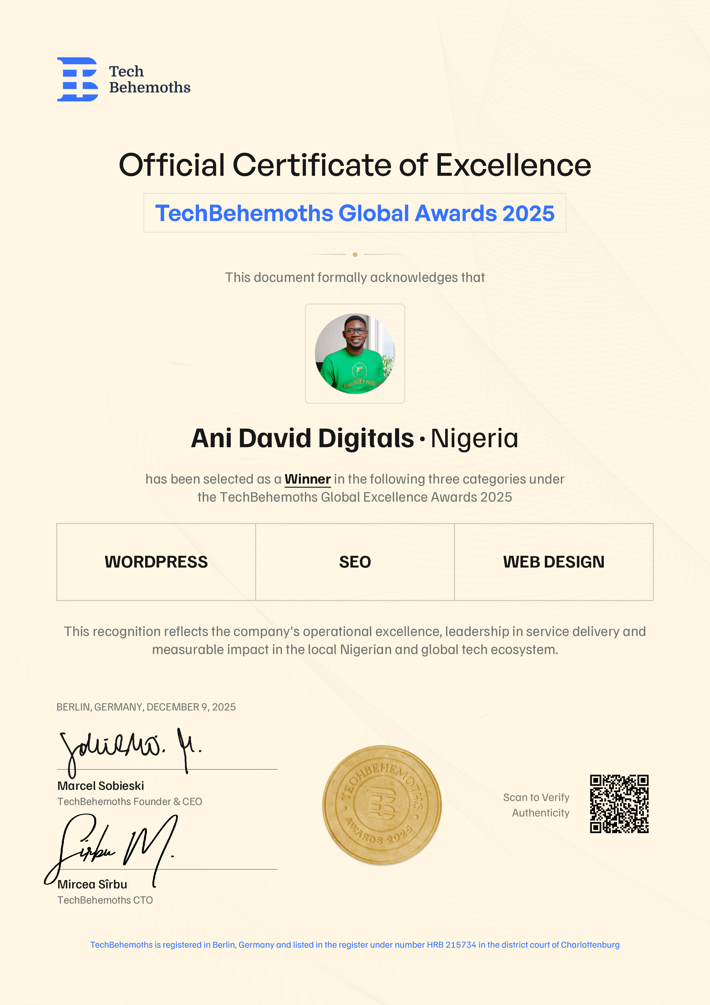 Ani David Digitals Certificate