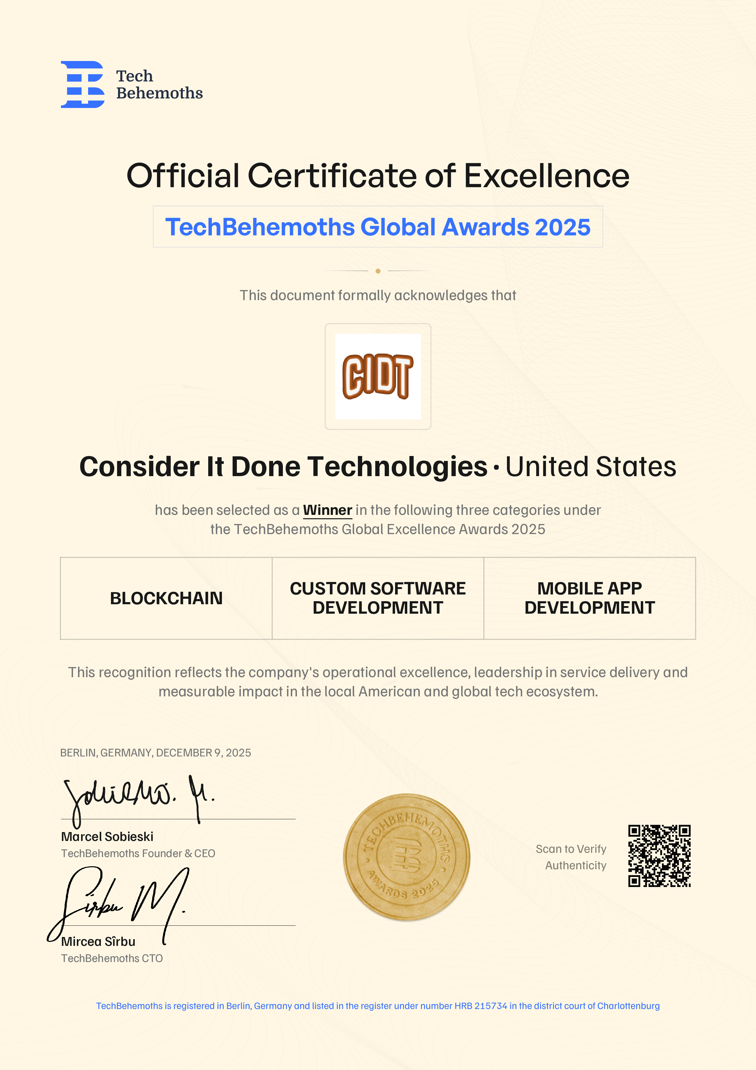Consider It Done Technologies Certificate