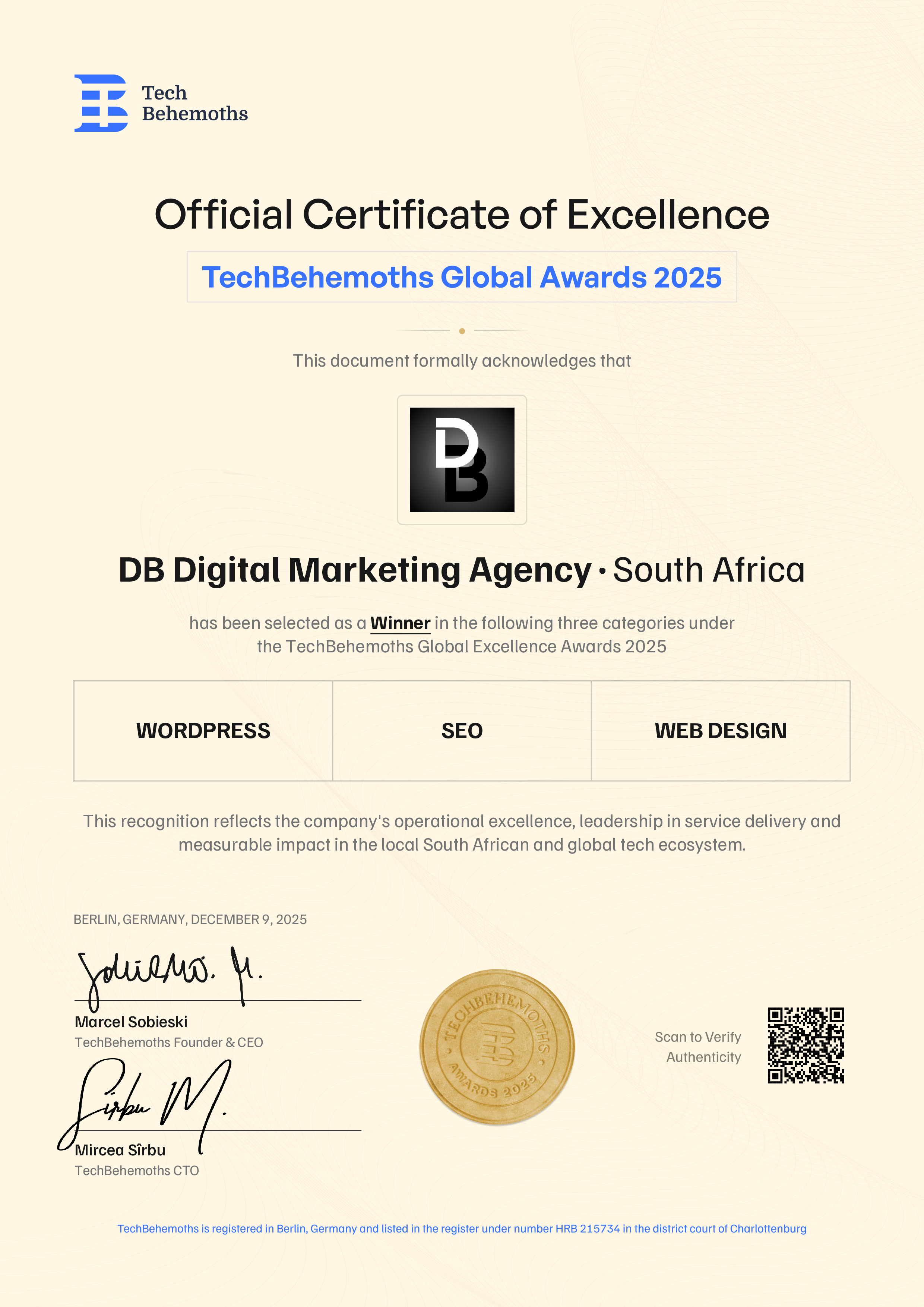 DB Digital Marketing Agency Certificate