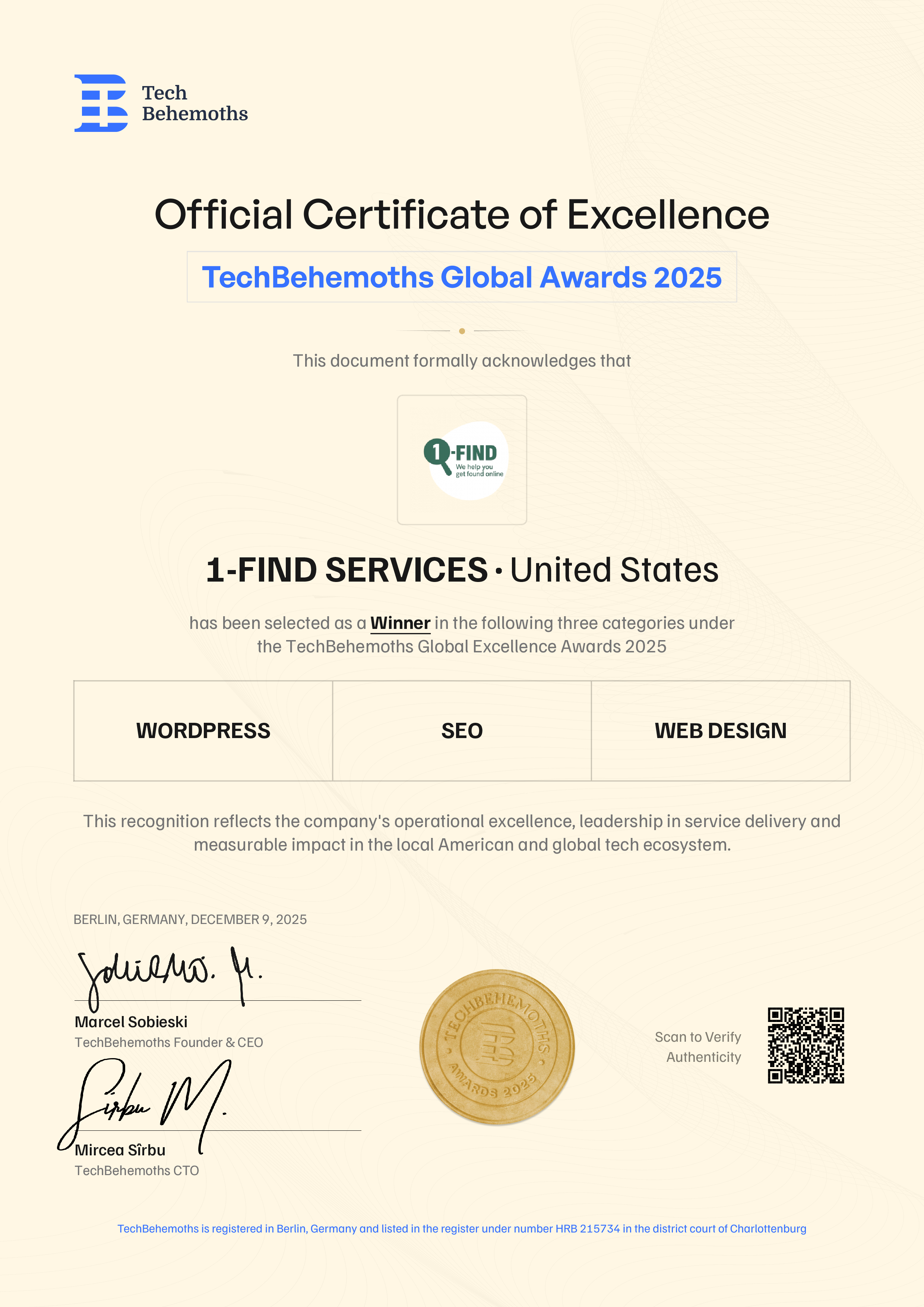 1-FIND SERVICES Certificate